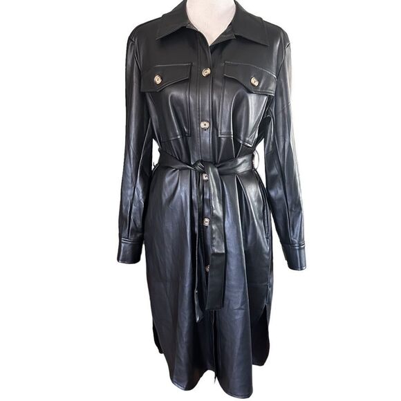 Bohme Black Vegan Leather Button Front Corpcore Goth Fall Midi Dress Jacket - Picture 2 of 13